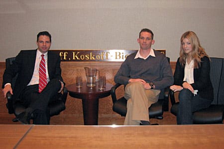 Attorney Josh Koskoff, John Nathans and Mr. Nathans' fiancee, Kate Lawrence